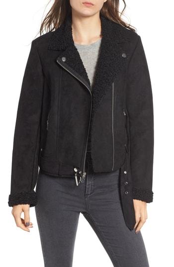 Women's Maralyn & Me Faux Shearling Lined Moto Jacket - Black