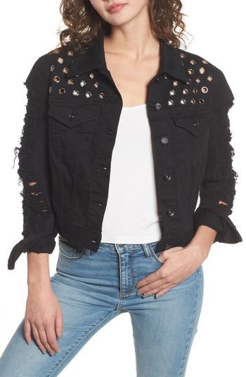 Women's Band Of Gypsies Distressed Crop Denim Jacket - Black