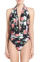 Women's Vince Camuto Floral Plunge Halter One-piece Swimsuit - Black