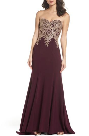 Women's Xscape Corset Back Embellished Strapless Gown - Burgundy