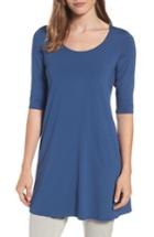 Petite Women's Eileen Fisher Scoop Neck Elbow Sleeve Jersey Tunic, Size Petite P - Blue (regular & ) (online Only)