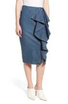 Women's Lost Ink Side Ruffle Denim Pencil Skirt - Blue