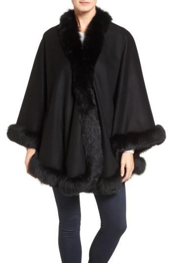 Women's Belle Fare Genuine Fox Fur Trim Cashmere Cape, Size - Black