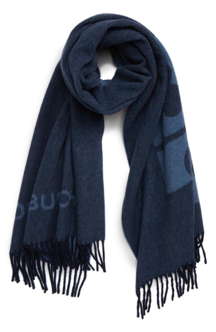 Women's Tory Burch Logo Fringe Wool Scarf, Size - Blue