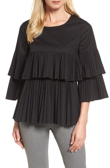 Women's Halogen Tiered Pleat Poplin Top - Black
