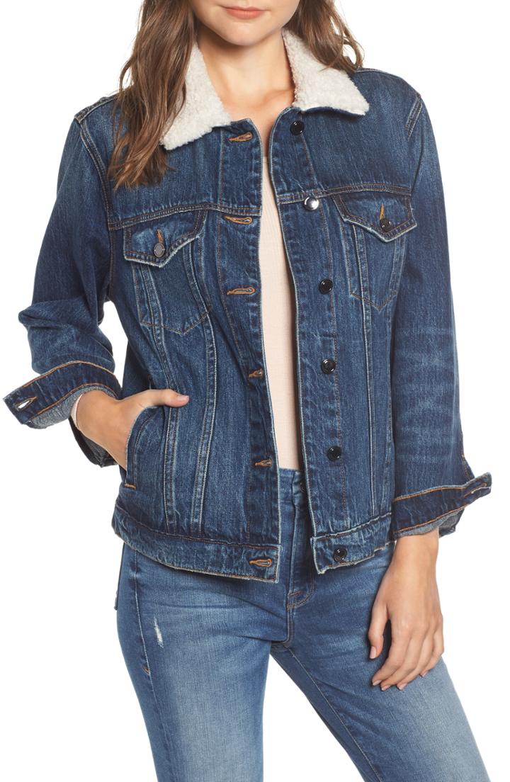 Women's Good American Boyfriend Faux Shearling Denim Jacket /1 - Blue
