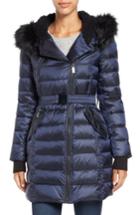 Women's French Connection Quilted Coat With Faux Fur Trim Hood - Blue