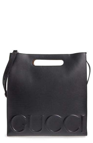 Men's Gucci Embossed Calf Leather Tote - Black
