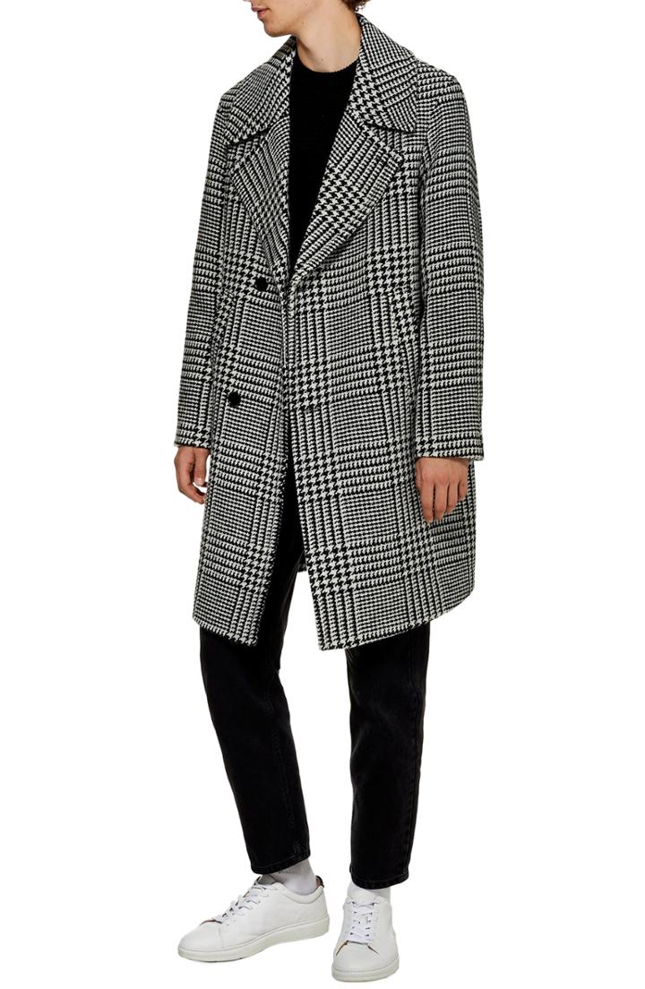 Men's Topman Oversize Houndstooth Wool Blend Coat - Black