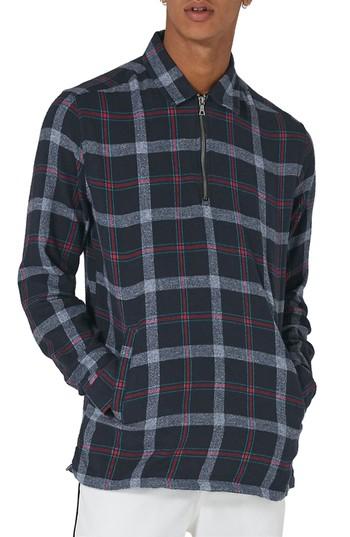 Men's Topman Half Zip Check Shirt, Size - Blue