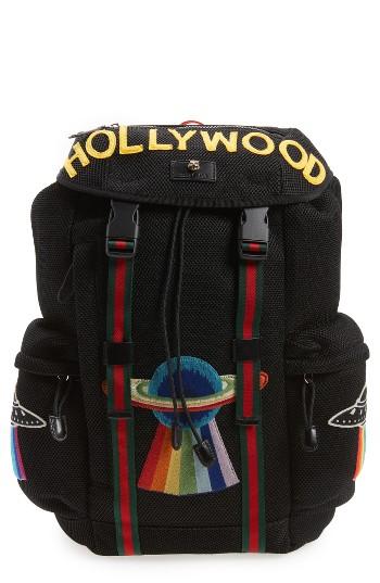 Men's Gucci Embroidered Mesh Backpack - Black