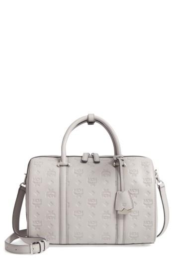 Mcm Signature Monogram Embossed Leather Crossbody Bag - Grey