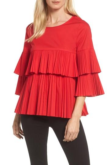 Women's Halogen Tiered Pleat Poplin Top, Size - Red
