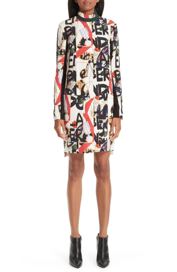 Women's Burberry Zoya Graffiti Archive Print Silk & Wool Dress Us / 40 It - Ivory