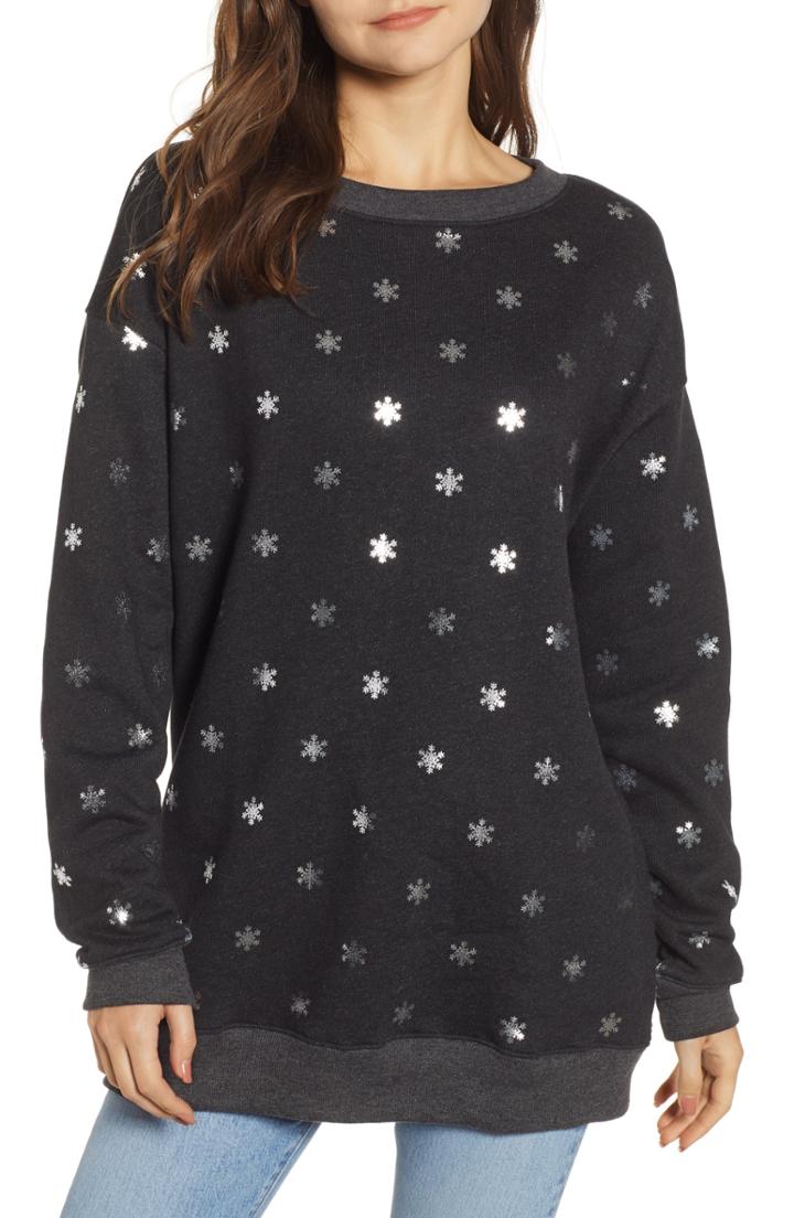 Women's Wildfox Shimmery Snowflakes Road Trip Pullover - Black