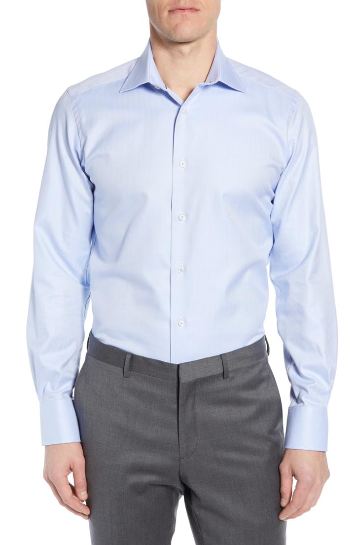 Men's David Donahue Trim Fit Herringbone Dress Shirt - 32/33 - Blue