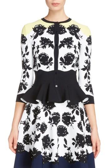Women's Alexander Mcqueen Rose Jacquard Peplum Cardigan, Size - Black