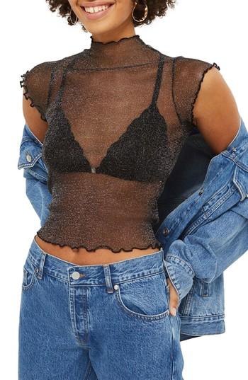 Women's Topshop Lettuce Edge Metallic Sheer Top Us (fits Like 0-2) - Black