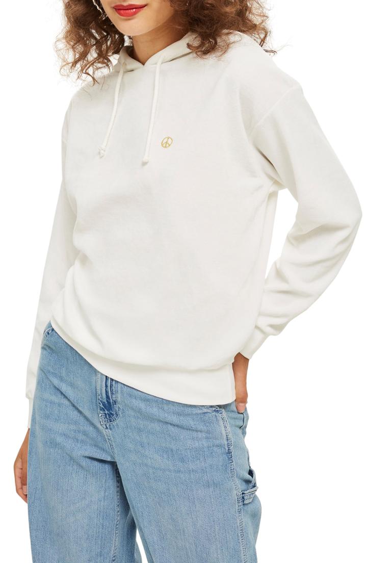 Women's Topshop Peace Sign Velour Hoodie Us (fits Like 0-2) - White