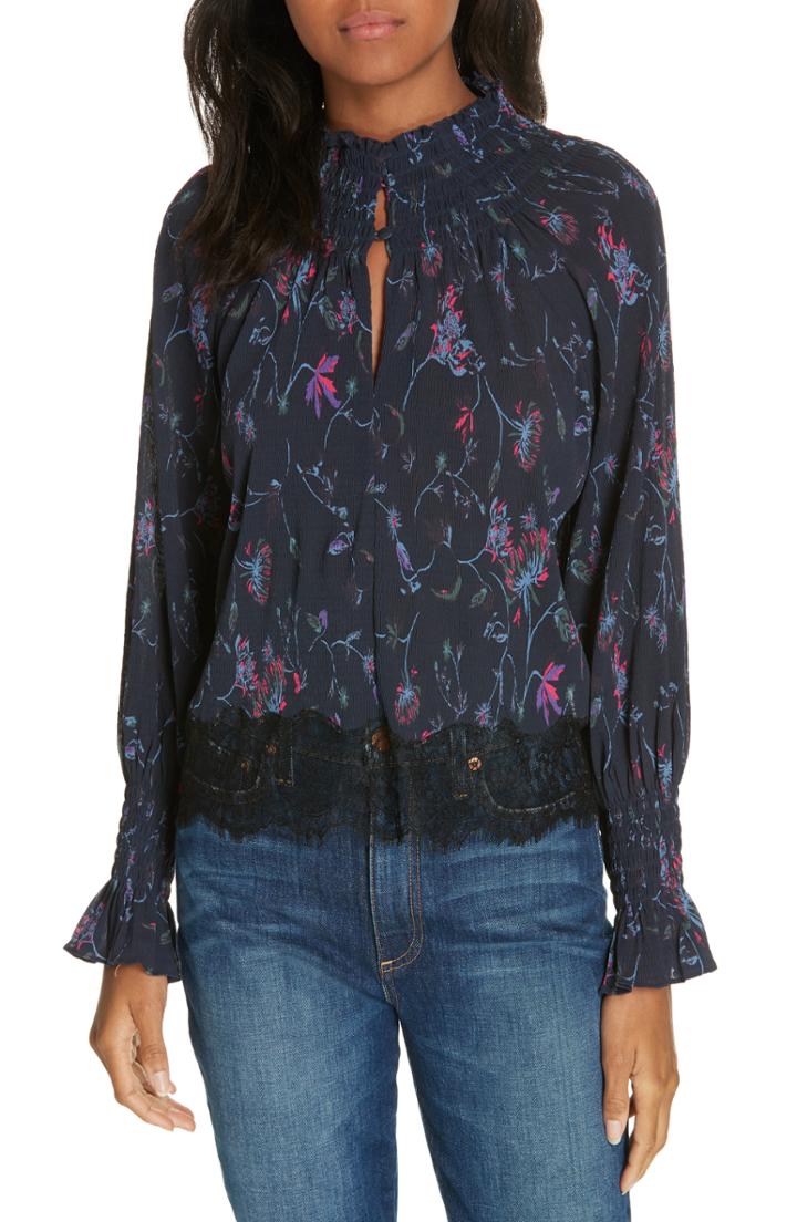 Women's Tanya Taylor Nyssa Vines Lace Hem Blouse - Blue