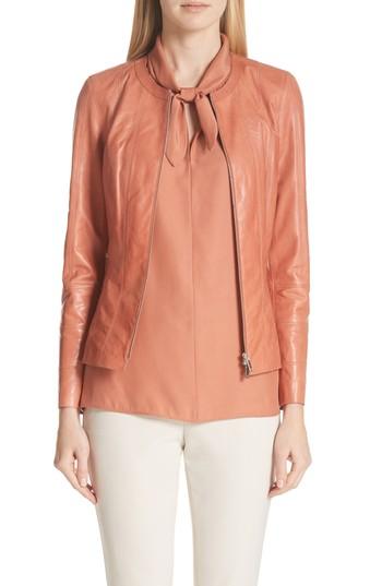 Women's Lafayette 148 New York Courtney Glazed Lambskin Leather Jacket - Orange