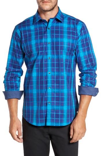 Men's Bugatchi Trim Fit Plaid Sport Shirt - Blue