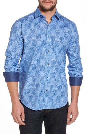 Men's Bugatchi Regular Fit Checkerboard Sport Shirt - Blue