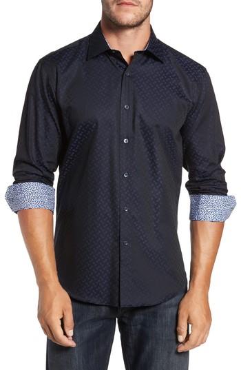 Men's Bugatchi Trim Fit Geo Jacquard Sport Shirt, Size - Blue