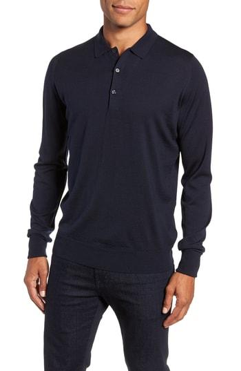 Men's John Smedley Slim Fit Long Sleeve Merino Polo - Blue