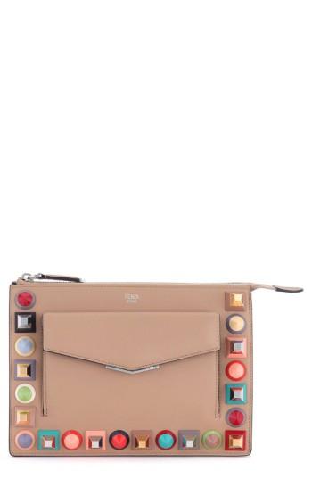 Women's Fendi Mini Studded Leather Zip Pouch - Grey