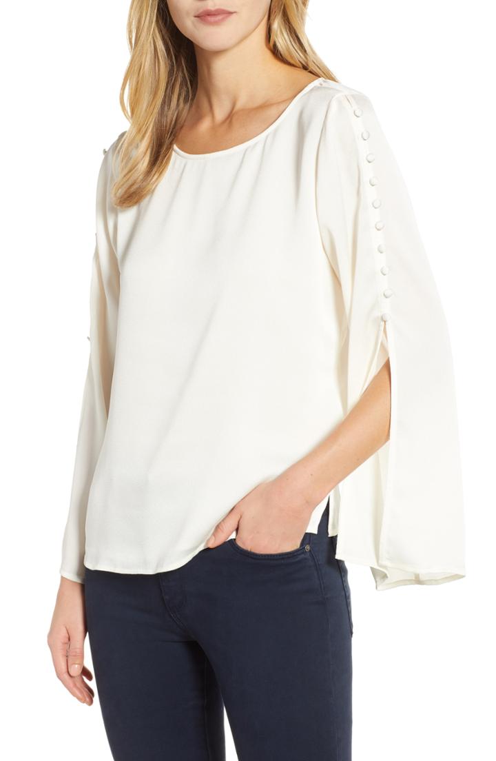 Women's Vince Camuto Button Bell Sleeve Hammer Satin Top - Ivory
