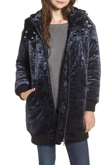 Women's Bp. Velvet Hooded Puffer Jacket, Size - Blue