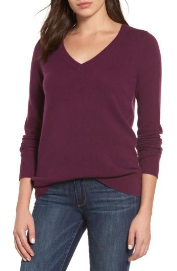 Petite Women's Halogen V-neck Cashmere Sweater, Size P - Purple