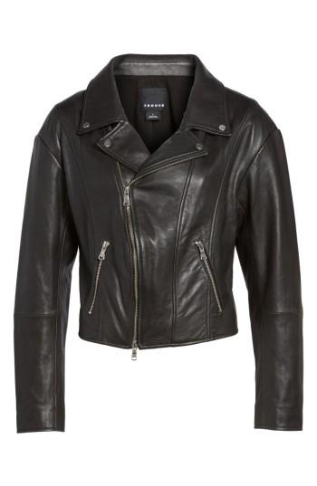 Women's Trouve Off The Shoulder Leather Moto Jacket, Size - Black