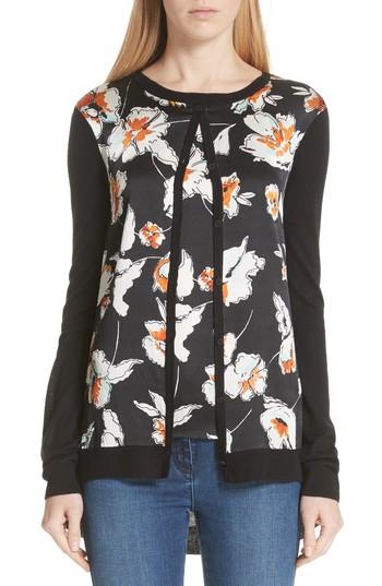 Women's St. John Collection Modern Floral Hammered Satin & Jersey Knit Cardigan, Size - Black