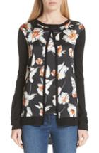Women's St. John Collection Modern Floral Hammered Satin & Jersey Knit Cardigan, Size - Black