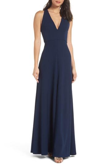 Women's Jenny Yoo Margot V-neck Knit Crepe Gown - Blue