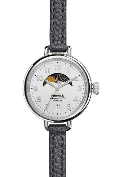 Women's Shinola 'the Birdy' Moon Phase Leather Strap Watch, 34mm