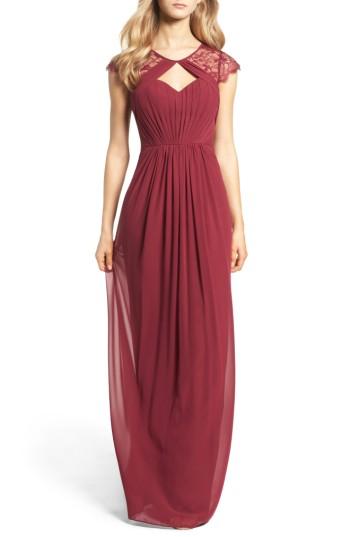Women's Hayley Paige Occasions Cap Sleeve Lace & Chiffon Gown - Burgundy