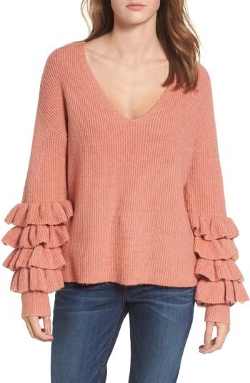 Women's Bp. Ruffle Sleeve V-neck Sweater, Size - Pink