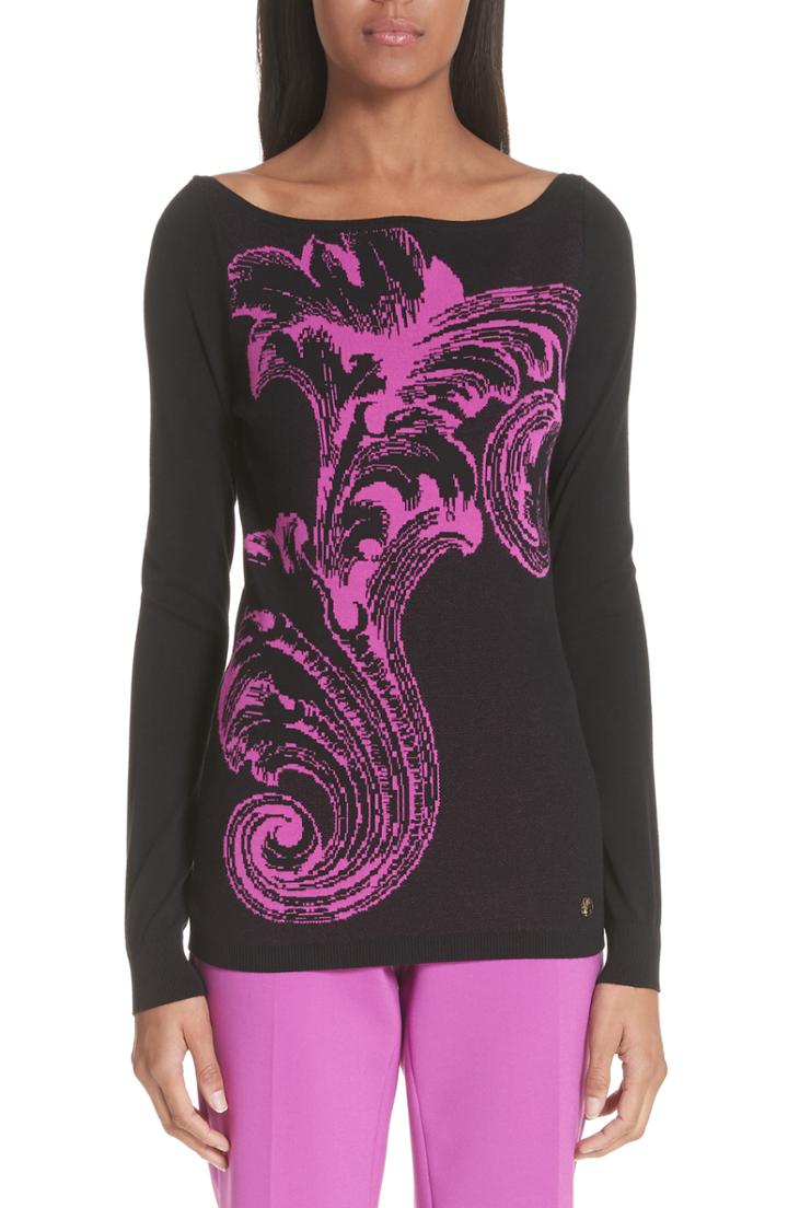 Women's Versace Collection Intarsia Graphic Sweater Us / 48 It - Black