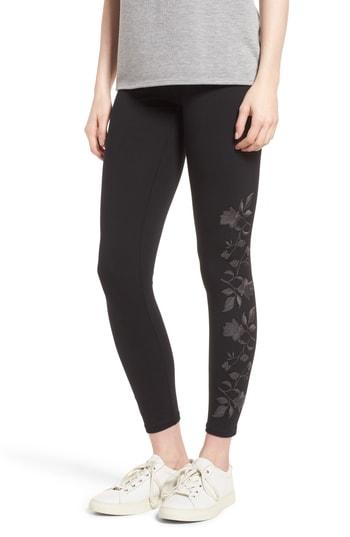 Women's Yummie Floral Embroidered Ankle Leggings - Black