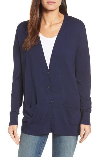 Women's Halogen Relaxed Pocket Cardigan, Size - Blue