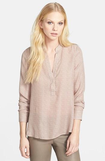 Vince Diagonal Print Placket Silk Blouse Tan