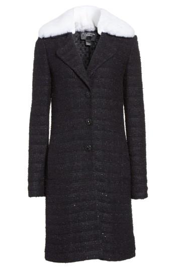 Women's St. John Collection Sequin Knit Topper With Detachable Genuine Rabbit Fur Collar