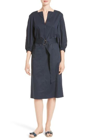 Women's Tibi Satin Poplin Belted Split Neck Dress