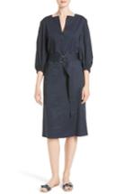 Women's Tibi Satin Poplin Belted Split Neck Dress