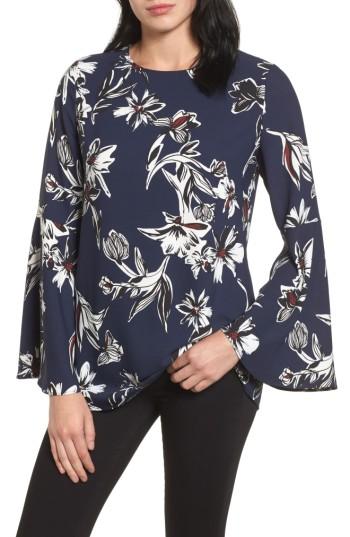 Women's Halogen Bow Back Print Flare Sleeve Tunic - Blue