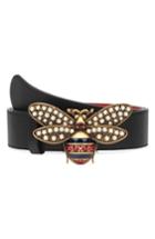 Women's Gucci Embellished Bee Clasp Leather Belt - Nero/ Cream
