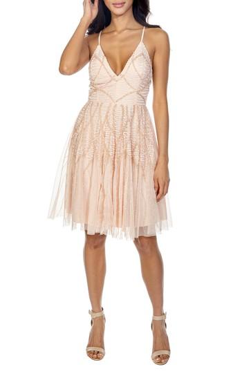 Women's Lace & Beads Plunging Sequin Fit & Flare Dress - Coral
